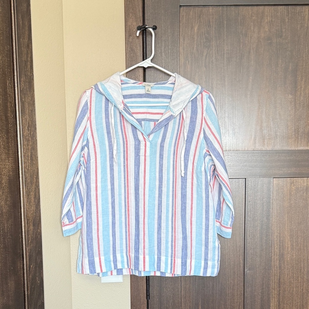 L.L. Bean Women’s 100% Linen Striped Nautical 3/4 Sleeve Hoodie Size Small